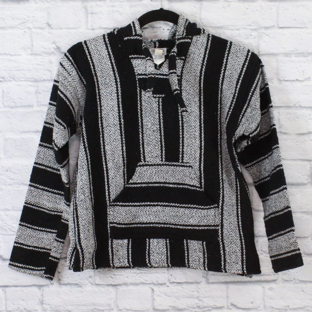 Mexican Blues Blue Baja Kangaroo Pocket Hooded Rug Style Sweater Size S - Picture 3 of 9
